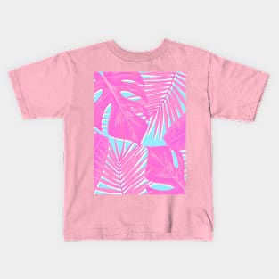 Monstera, Spider Palm, Tropical Leaves, Pink and Blue Kids T-Shirt